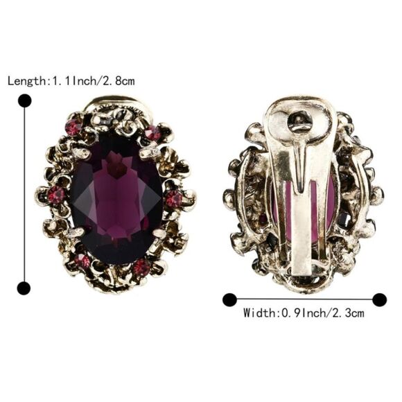 Antique Yellow Gold with Purple Amethyst Austrian Crystal Cameo Clip On Earrings - Picture 5 of 5